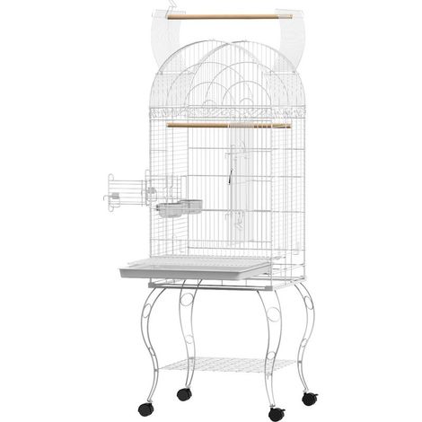 Cage à oiseaux blanche sur roulettes, étagère plateau amovible, 2 bols perchoir acier inoxydable, 51x51x153 cm (1/5)