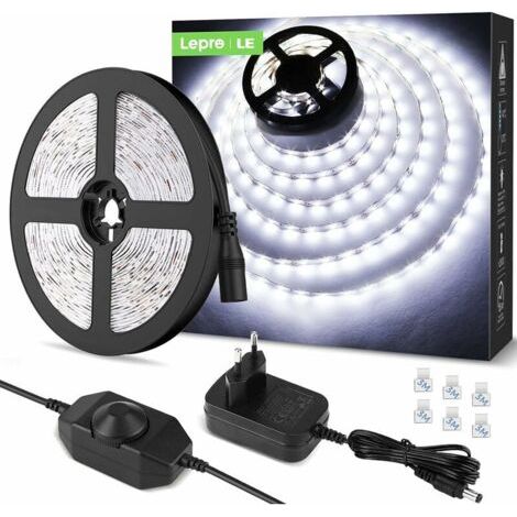5M Led 1200Lm Blanc Froid Dimmable, 12V 6000K 300Leds 2835, Bande Led Autocollant Avec Variateur, Connecteurs+Transformateur, Eclairage Intérieur Pour Meuble, Escalier, Chambre, Cuisine (1/5)