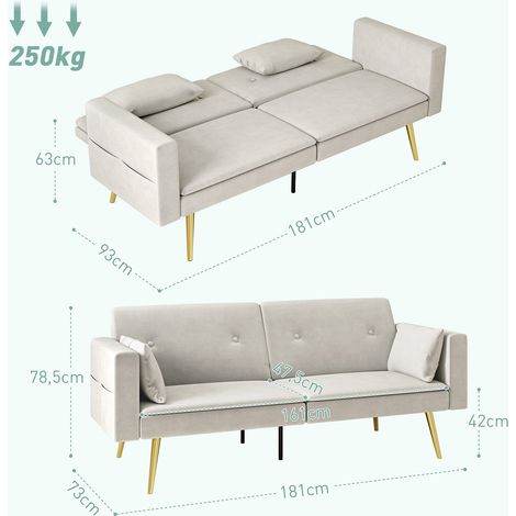 Canapé-lit 2 places, dossier réglable, coussins moelleux, revêtement velouté, pour salon, chambre d'amis, beige (1/5)