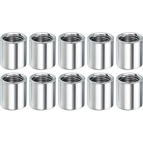 Manchon Filetée Rond Écrou Accouplement M10x1mm Femelle Filetage 15mm Fileté Rond Manchon Connecteur Tige Barre Goujon Tube Écrou Matériel Attache, Argenté Paquet de 10 (1/5)