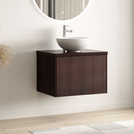 LOMAZOO Meuble de Salle de Bain 60cm Noyer Cannelé - Vasque à