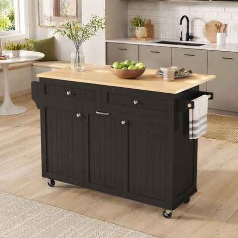 Desserte de cuisine mobile 140x40-70 cm MDF noir naturel plan rabattable rangement - CHICFURN (1/5)