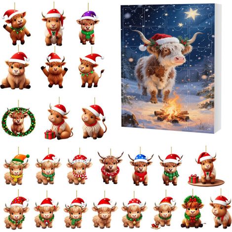 Calendrier de l'Avent 2026 sur le thème des vaches des Highlands écossaises : 24 décorations suspendues en acrylique 2D représentant d'adorables vaches des Highlands, idéales pour décorer votre sapin (1/5)