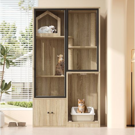 Casa para gatos de 4 niveles con puerta de vidrio templado, 90x50x160 cm DESVIAE (1/5)