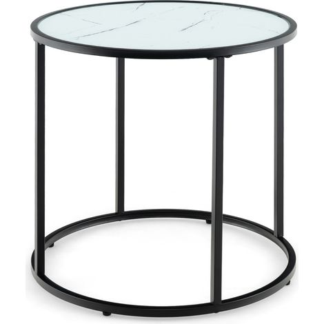 Tavolino rotondo da 50 cm con struttura in metallo e piano in vetro effetto marmo, Tavolino laterale in vetro Bianco e Nero (1/4)