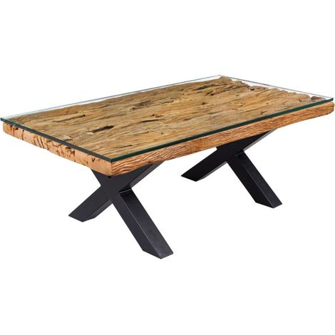 Table basse RAFTA 110 cm aus recyceltem Teakholz mit gehärtetem Glas – Industriedesign mit gekreuzten Metallbeinen