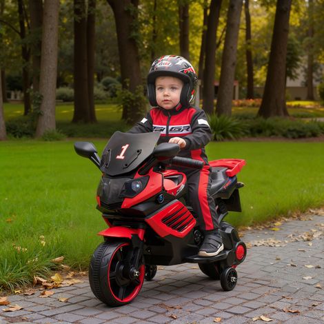 6V Elektromotorrad für Kinder mit Stützrädern, Musik und Scheinwerfer für Kinder und Jugendliche von 18 bis 36 Jahren, Rot