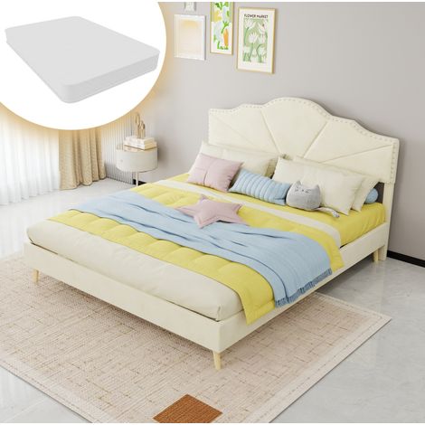 Letto imbottito moderno beige 160x200 cm con testiera geometrica, rete a doghe e materasso incluso (1/5)