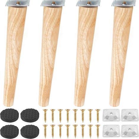 Wooden Furniture Legs, 25 cm Inclined Furniture Legs with Mounting Plate Screws and Non-Slip Mat, Replacement Wood Furniture Feet for Bed, Cabinet, Tables and Chairs (25 cm, Angled Legs)