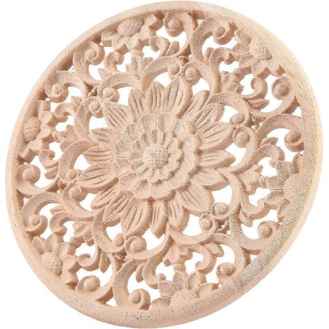 Autocollant décoratif rond en bois sculpté à motif floral, compatible avec les meubles et les armoires, moulure décorative en bois non peint, ornement décoratif, dimensions : 15 x 15 x 0,8 cm (1/5)