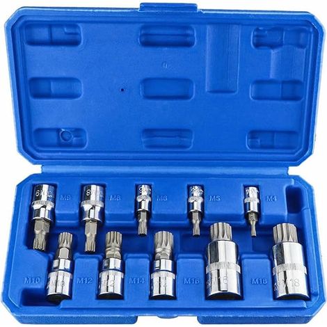 10 Piece Torx Socket Set XZN Male 1/4 Inch 3/8 Inch 1/2 Inch Chrome Vanadium Steel Bits M4 M5 M6 M8 M9 M10 M12 M14 M16 M18 for DIY Workshop and Automotive Repair (1/5)