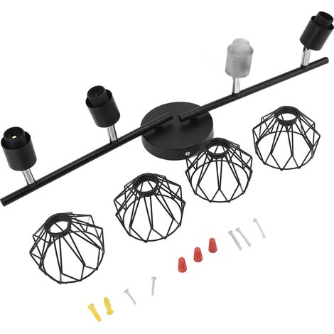 Kit Éclairage Rail 4 Lumières E12 LED Cage Fil Plafond Spot – Luminaires Abat-Jour Creux Cuisine Chambre Salon Plaqué Noir (1/2)