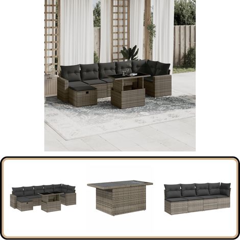 Salon de jardin 8 pcs avec coussins gris résine tressée - Salon De Jardin - Mobilier Extérieur - Set Salon - Résine Tressée - Rotin Synthétique