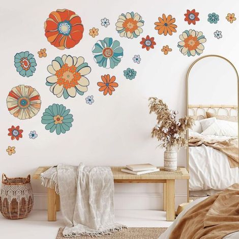 CSPARCV 1 Set Boho-Blumen-Retro-Wandaufkleber, große Vintage-Blumen, bunte Blumen-Wandtattoos für Erwachsene, Wohnzimmer, Schlafzimmer, Homeoffice, Sofa-Hintergrundwanddekoration (1/5)