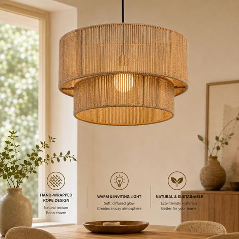 JOYINLED Retro-Kronleuchter aus Hanf- und Juteseil (E27) – 45 cm große Boho-Pendelleuchte mit zweilagigem Trommelschirm und schwarzer Aufhängung für Esszimmer, Schlafzimmer und Küche (1/5)