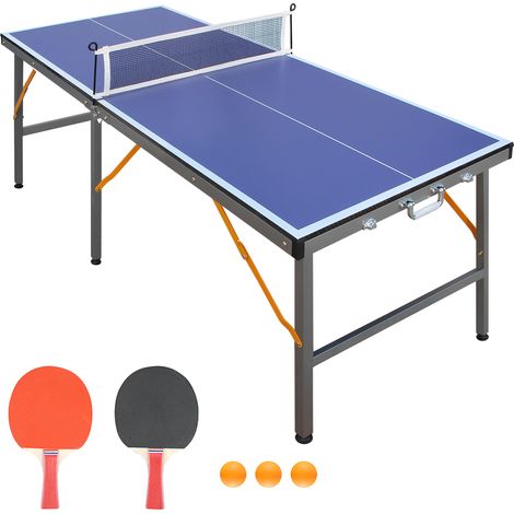 Table de ping-pong pliante avec filet, 2 raquettes et 3 balles, plateau en MDF bleu, 6 pieds stables, pour intérieur et extérieur (1/5)