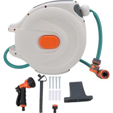Enrouleur de tuyau d'arrosage à enroulement automatique, rétractable et verrouillable à la longueur souhaitée, avec pulvérisateur intégré pour le lavage et le nettoyage de voiture, 10 m / 32,8 pi (1/5)
