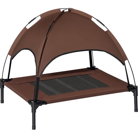 PawHut Outdoor Dog Bed with Removable Canopy, Portable Raised Dog Bed for Camping, Garden & Beach, Water-Resistant UV-Protection Mesh Pet Cot Sun Lounger, for Medium Pets, 76 x 61 x 73 cm, Brown