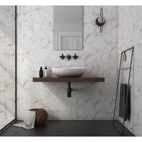Aelle - Carrelage sol / mur hexagonal effet marbre blanc mate 17,5x20 cm CARRARA - Vendu par boîte de 0,71 m²