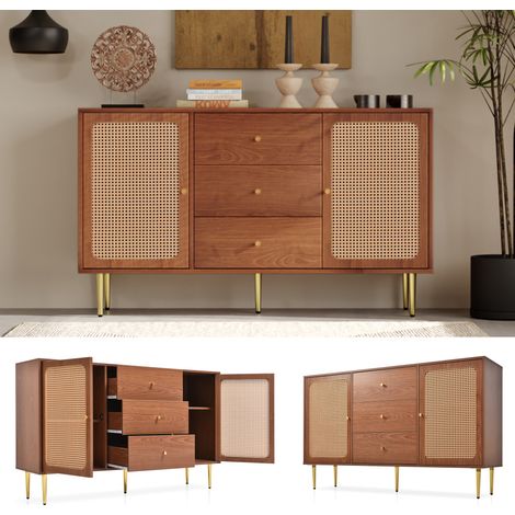 Salon ou chambre, buffet commode en noyer avec 2 portes en rotin, 3 tiroirs et étagère réglable (1/5)