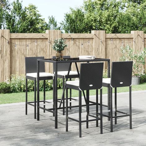 Ensemble Table de bar + 4 Chaises de bar de jardin - Table Haute avec 4 Tabourets avec coussins noir poly rotin BV884580 - BonneVie (1/5)