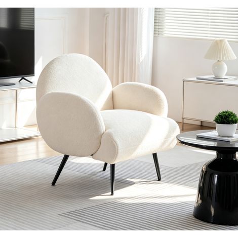 Fauteuil d'appoint sherpa blanc - Fauteuil de salon moderne - Fauteuil confortable en tissu bouclé - Pieds métalliques noirs - Fauteuil déco pour chambre balcon salon (1/5)