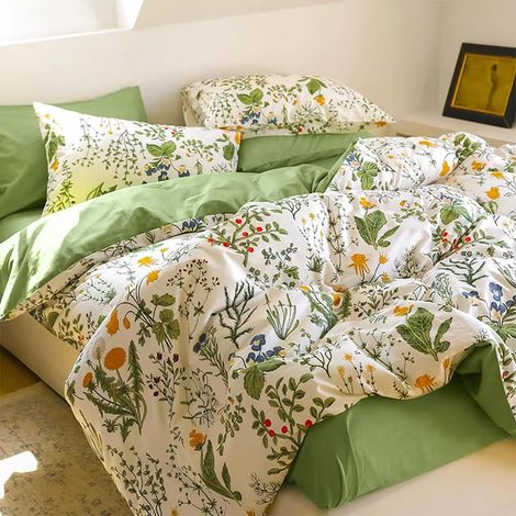 Parure de lit en coton 135x200 Vert Motif de petites fleurs colorées Fleurs Motif de fleurs Champ de fleurs floral Botanique Housse de couette avec fermeture éclair et taie (1/5)