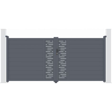 Casanoov – Portail aluminium battant 350x161cm – Semi-ajouré gris anthracite RAL 7016 – Motif ligne graphique pour entrée moderne