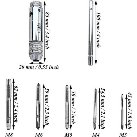 Clé à douille à cliquet à poignée en T, Kit d'outils de taraudage réglable avec 5 pièces M3 M4 M5 M6 M8 vis à métaux à filetage de 3mm-8mm (1/3)