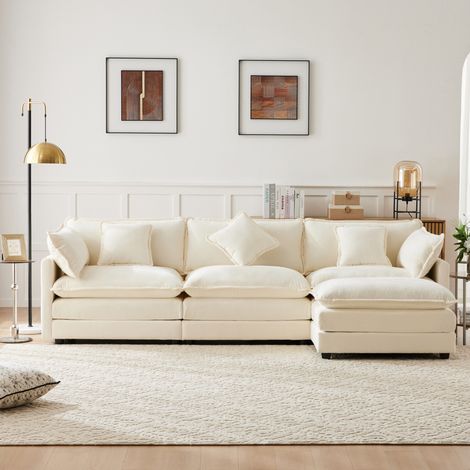 Sofá chaise longue 3 plazas con puff y chenilla beige OKMYHOME (1/5)