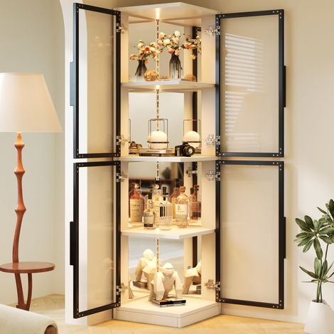 Weiße Glasvitrine 44 × 42 × 164 cm mit Spiegelrückwand und mehrfarbiger LED OKWISH (1/5)