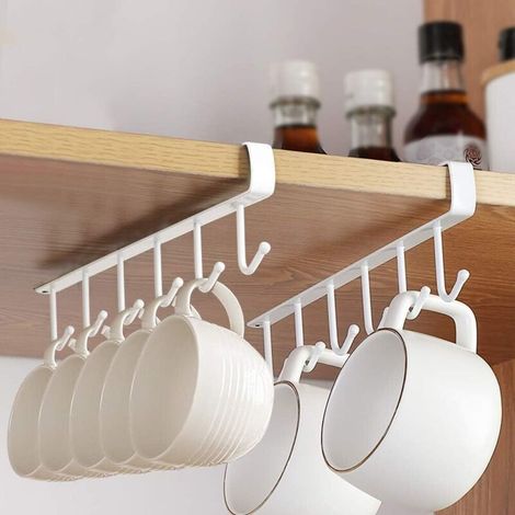 Soporte para tazas de café debajo del armario: 6 ganchos, no requiere taladrar, para colgar paños de cocina, utensilios, tazas, etc. (2 unidades). (1/3)