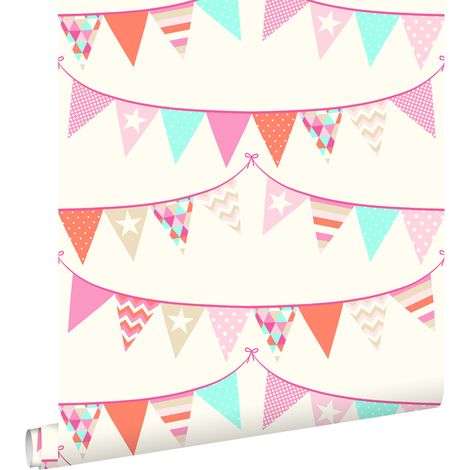 papier peint guirlandes rose, turquoise et corail rouge - ESTAhome (1/5)