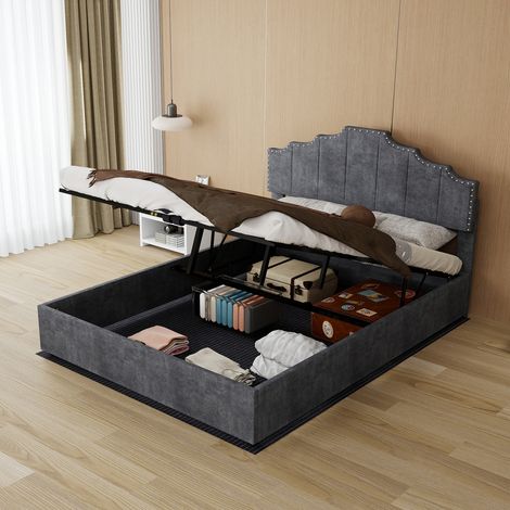 Lit moderne minimaliste et moelleux, tête de lit confortable et douce, 140200CM, gris, meuble de chambre multifonctionnel, sommier haut avec tige pneumatique, matelas 140200cm inclus. (1/5)