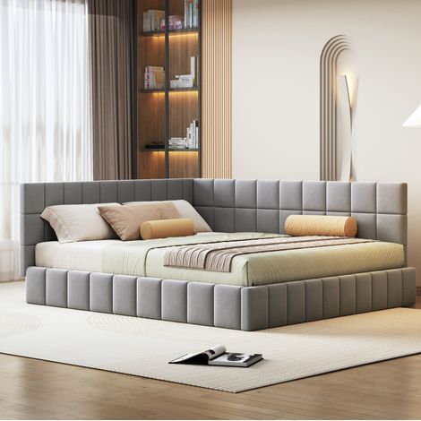 Cama sofá 160x200 cm gris tapizada con somier de lamas (1/5)