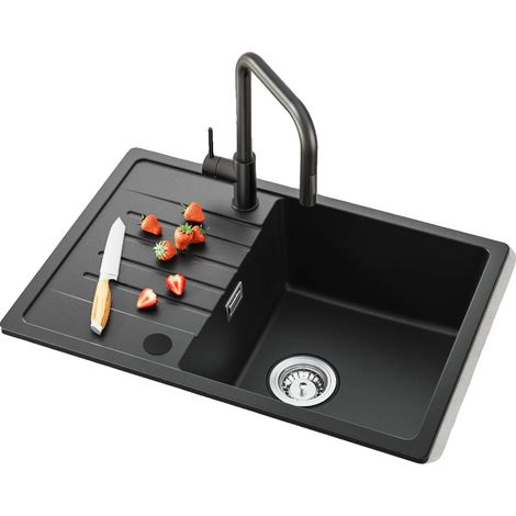 Fregadero de cocina de un solo seno con desagüe multifunción, color negro. (1/5)