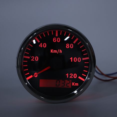 Compteur de vitesse GPS universel 85 mm 0-120 km/h pour voitures, camions, bateaux, moteurs, 12 V/24 V avec antenne GPS, fond noir, cadre argenté. (1/4)