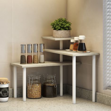 Scaffale da cucina a 3 livelli con 3 ripiani girevoli, struttura in metallo e design a gradini per sala da pranzo/soggiorno, colore naturale.