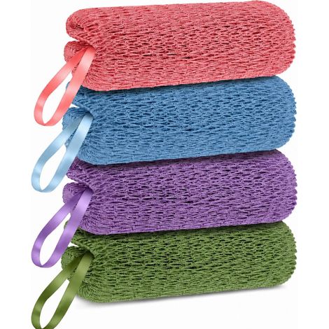 4pcs in African net Sponge véritable serviette Exfoliante, corps et dos laveur, mieux que le melon de soie traditionnel, parfait pour la douche quotidienne et les voyages, rose, bleu, violet et vert (1/5)