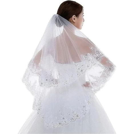 Voile de Mariée en Tulle et Dentelle Exquise pour Femme avec Paillettes Scintillantes, Facile à Attacher à la Tête, Idéal pour les Fêtes de Mariage, Blanc, 75 Cm/29,5 Pouces (1/5)