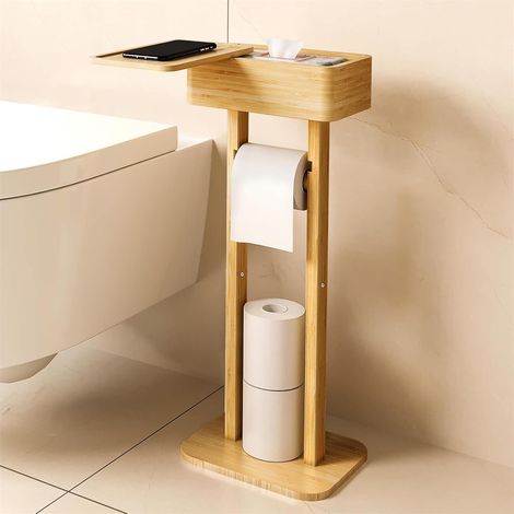 Toilettenpapierhalter Stehend Bambus mit Ablage, Freistehender Klopapierhalter Holz Ersatzrollenhalter WC Rollenhalter Ständer für Badezimmer & Gäste-WC