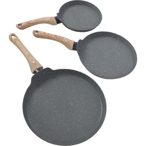 Ensemble de poêles à frire grises, 3 tailles, multifonction, pierre Maifan antiadhésive avec manche en bois, crêpes pour le petit déjeuner, 3 pièces
