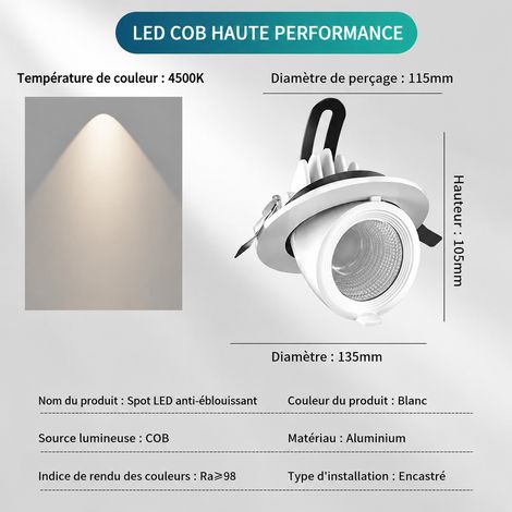 Spot LED encastrable orientable 25W perçage 120 mm 6000K Ra98 pour plafond 25w 120mm 6000k réf 500 g – Livraison gratuite