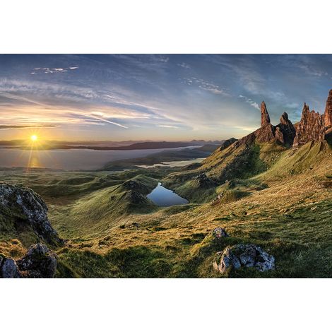 Papier peint panoramique montagne d'Écosse | Tapisserie panoramique paysage & lever de soleil | Papier peint panoramique nature 3D idéal salon - 384 X 260 cm (8 pièces) (1/2)