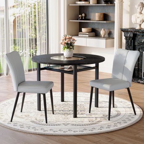 Ensemble table à manger ronde 100 cm avec 2 chaises de salle à manger PU gris clair, insert verre et étagère, pieds métal noir (1/5)