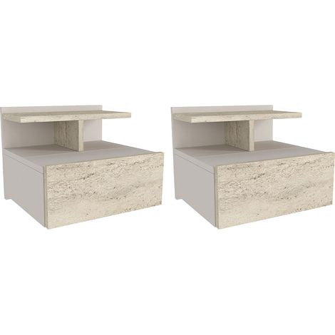 Lot de 2 tables de chevet suspendues – 1 tiroir – Effet travertin beige - AZELNO (1/5)