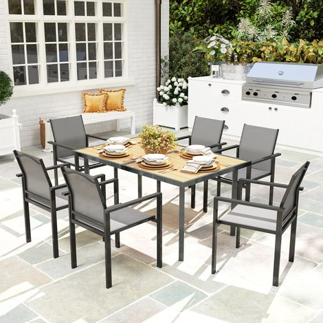 Gartentisch für 6 Personen, Tischplatte aus Stahl in Holzoptik, 150 x 90 x 72 cm, Naturholz-Finish