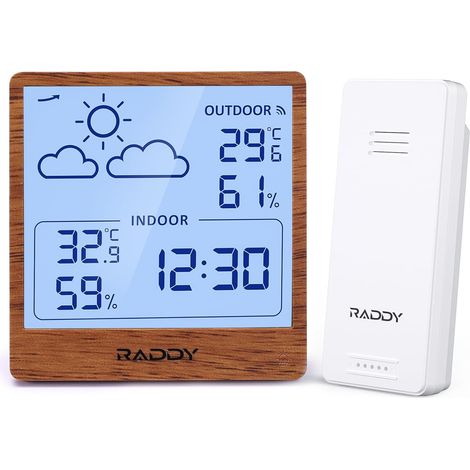 Station Météo Sans Fil Thermomètre Hygromètre Intérieur Extérieur, Moniteur Température Humidité sur Piles, Écran TN 5,0'', Prévisions Météo, Capteur à Distance (Bois Foncé) (1/5)