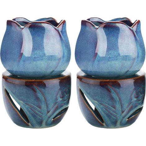 Brûleur Aromatique en Céramique Bleu Foncé pour Huiles Essentielles, Bougie Chauffe-Plat Inclus, Diffuseur Parfumé pour Yoga Et Relaxation, Décor Salon Contemplation, Lot De 2 Pièces (1/5)