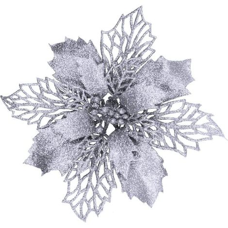 Poinsettia Artificial - 24 Unidades - Hojas De Acebo En Malla Plateada Con Brillo - 5,9 Pulgadas - Decoración Navideña Y Fiestas (1/5)